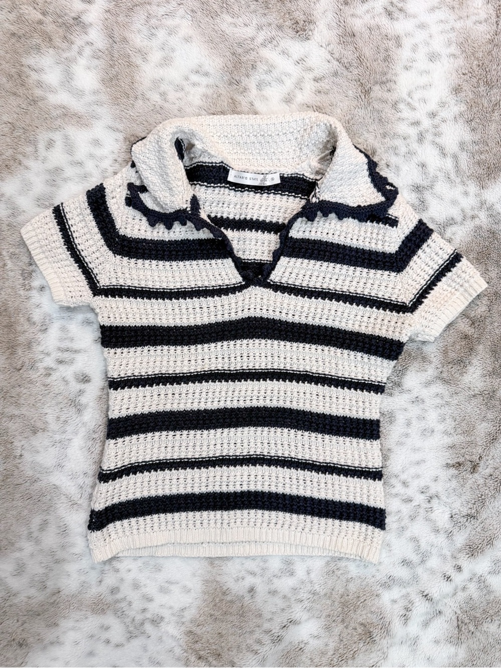 Altar'd State Navy & Cream Striped Crocheted Polo